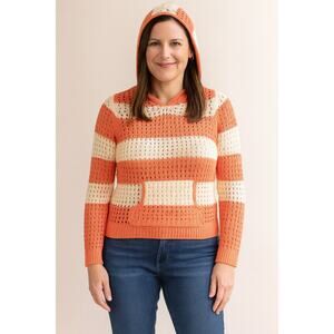 Excellent Pinc Premium Women Coral Cream Striped Knit Hoodie Sweater Size Large